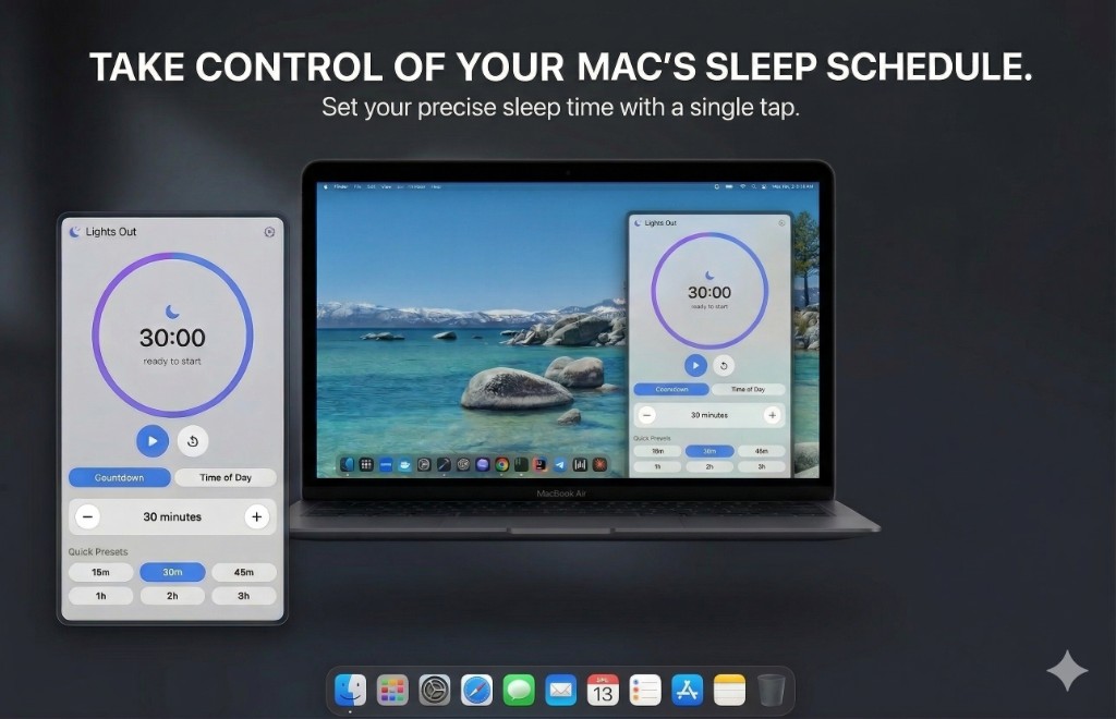 Lights Out promotional artwork: the app window with countdown mode and quick presets on a Mac desktop