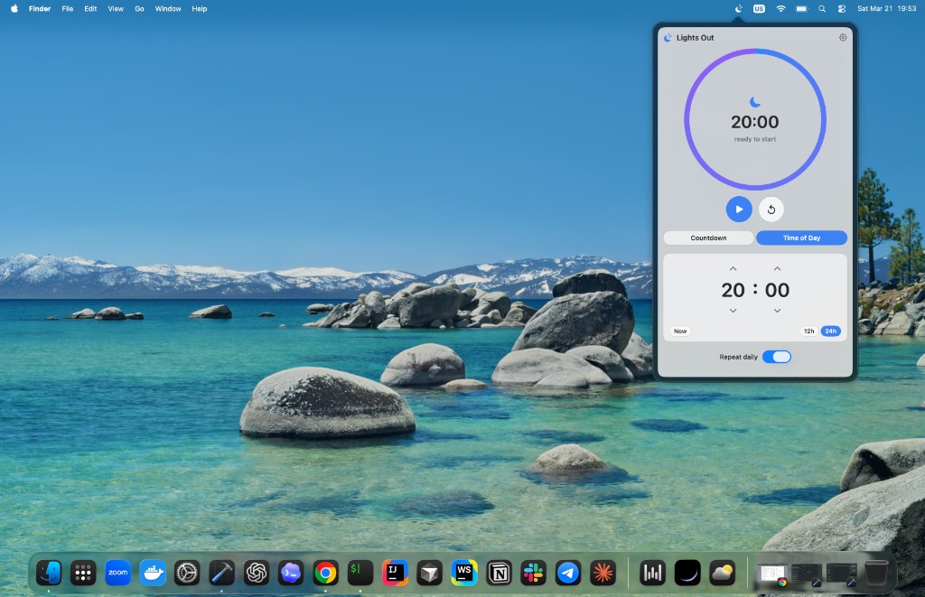 Screenshot: Time of day mode with time picker and Repeat daily switch