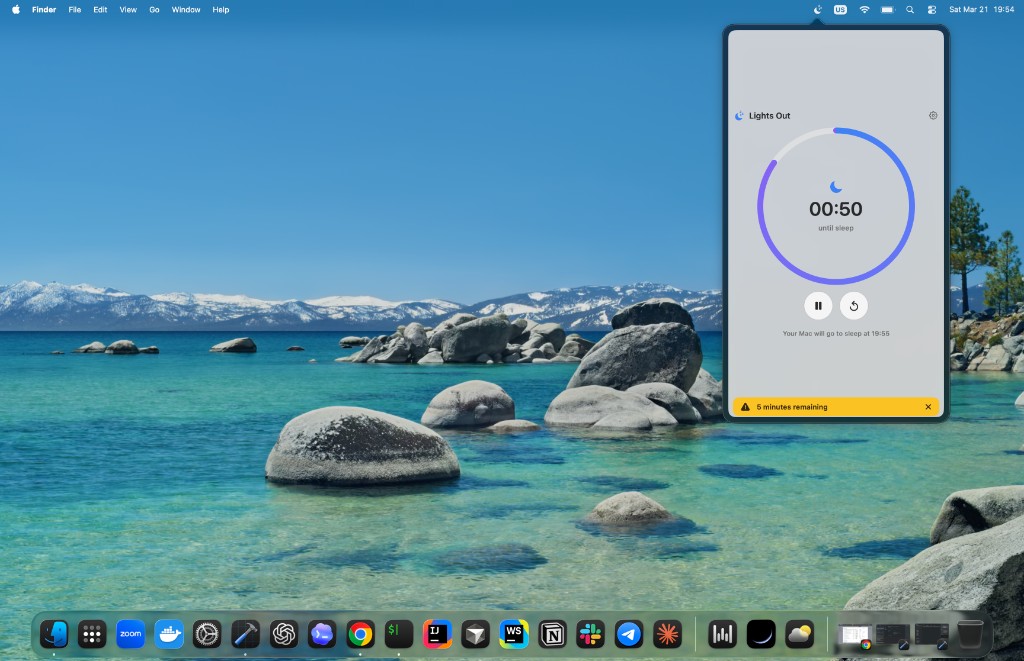 Screenshot: yellow banner warning five minutes remaining before sleep